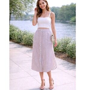 Artisan NY 100% Linen Midi Skirt Sz L White Burgundy Striped Mother Pearl Button